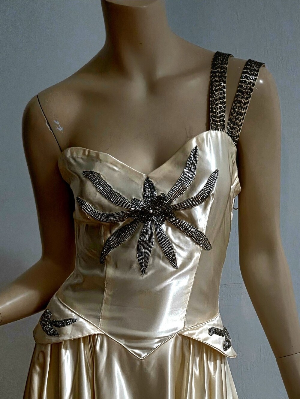 Vtg 1930s Liquid Satin Hand Beaded Jean Harlow Bridal Gown Superb